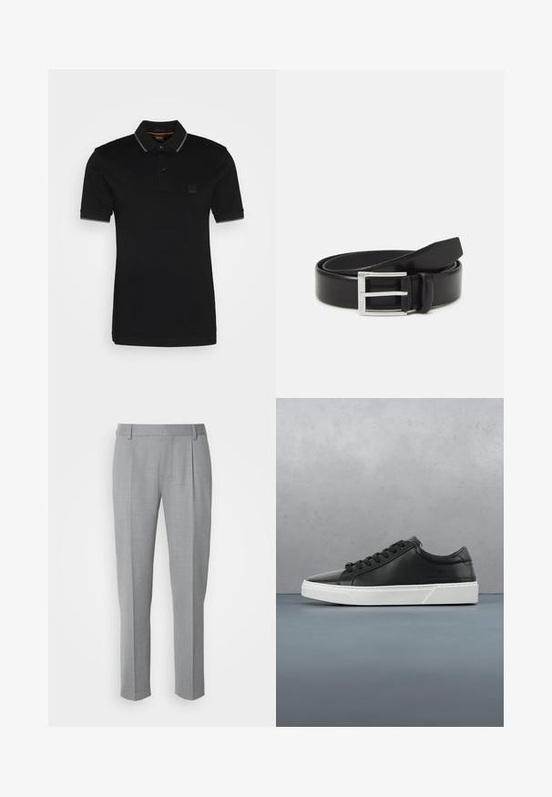 Zwarte poloshirt gemaakt van katoen, met een kraag met grijze accenten, twee knopen en een klein merklabel op de borst.; Grijze op maat gemaakte broeken met een gladde textuur, voorzien van een platte voorkant, rechte pijpen en subtiele plooien voor extra details.; Zwarte leren sneaker met ronde neus, textuur op het oppervlak, witte rubberen zool en zwarte veters. Minimalistisch ontwerp met een slanke uitstraling.; Zwarte leren riem met een glanzende afwerking; voorzien van een zilveren metalen gesp met een rechthoekig frameontwerp en gladde randen.