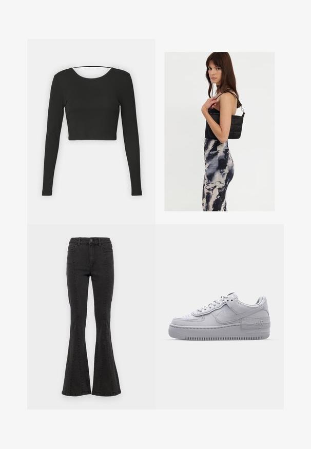 Must mustriga pikkade varrukatega crop top, ümmarguse kaeluse ja siledast kangast. Omab lihtsat disaini, ilma mustrite või kaunistusteta.; Mustad denimist laiad püksid kõrge vöökohaga, külgõmblustega ja puhta viimistlusega hemperites. Kanga pind on sile ja kerge venivusega.; Hallitus hallid Nike Air Force 1 sneakerid, millel on augustatud varvas, siledast nahast ülemine osa, paks tall ning reljeefne 'AIR' detail kontsapadjal.; Mustast tepitud õlakotist, millel on üks rihm ja hõbedane riistvara, koos mustri ja koorevärvi triibulise kleidiga, mis on kehakujuline.