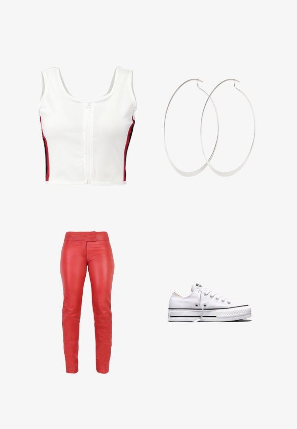 Hvid cropped tank top med lynlås foran, der har røde og sorte sidelister. Fremstillet af glat, strækbart materiale.; Røde læderbukser med en glat tekstur, slim fit og en let cropped længde. Har en bred talje og en frontlomme.; Hvid lavtop lærredssneakers med hvide snørebånd, sorte striber på sålen og gummieret tekstureret tåhætte, sidevendt på hvid baggrund.; Sølv hoops øreringe med et tyndt, glat design; langstrakt oval form; poleret finish; har en sikker krog lukning.