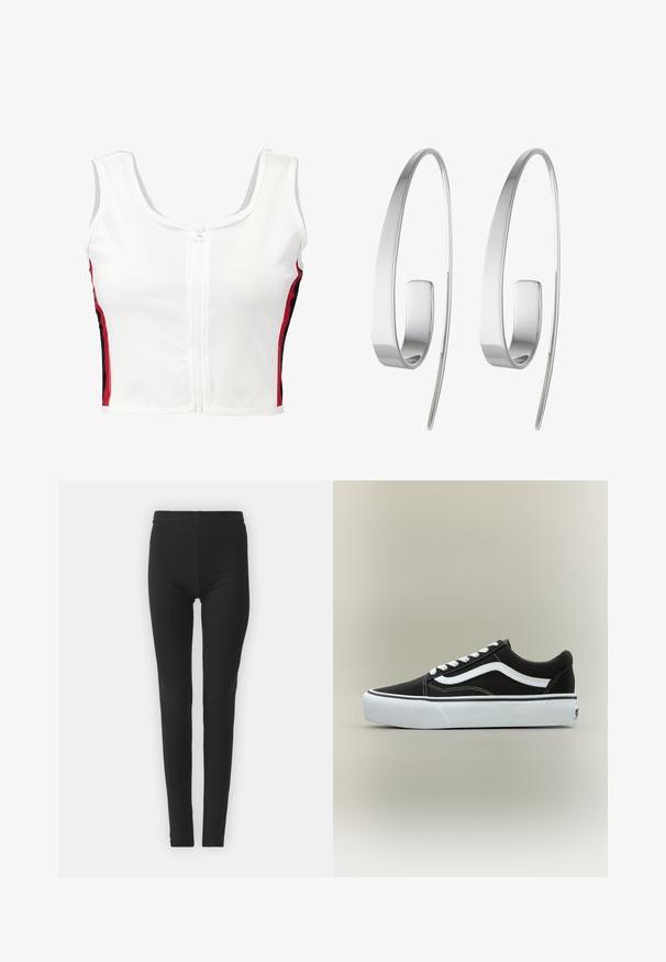 Hvid cropped tank top med lynlås foran, der har røde og sorte sidelister. Fremstillet af glat, strækbart materiale.; Sorte, strækbare leggings med en tætsiddende pasform, der har høj talje og en glat tekstur. Ingen synlige mønstre eller hardwaredetaljer.; Lavtop sort sneaker med hvid side stribe, hvide snørebånd, hvid gummisål og tekstureret tåhætte på neutral baggrund.; Sølv hoops øreringe med et slankt, forlænget design. Lavet af poleret metal med en glat overflade og minimalistisk stil.