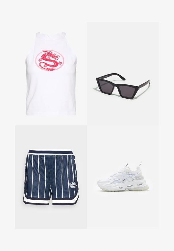 Hvid ærmeløs crop top med et fremtrædende rødt dragegrafik inden i en cirkulær kontur. Glat bomuldsstof med høj hals.; Marineblå mesh shorts med vertikale hvide striber, elastisk talje og hvidt kantbånd. Har et logo i hvidt på venstre ben.; Hvide sneakers med en kraftig sål, lagdelt mesh og syntetisk overdel, med mønstrede detaljer, snøresystem og hæl-dragtag.; Sorte, kantede solbriller med grå linser; lavet af plast, med tykke stænger med en glat overflade og ingen synlig hardware.