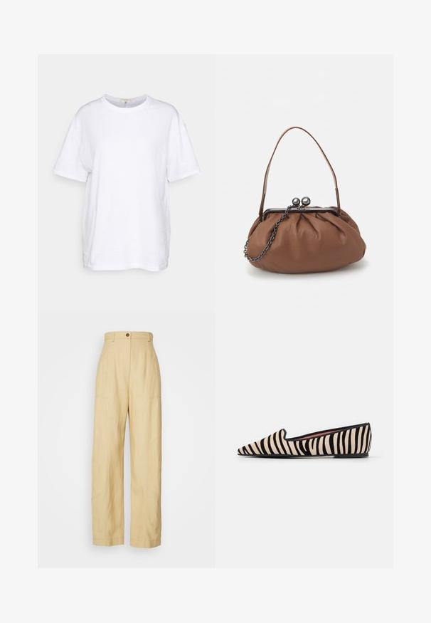 Witte T-shirt met korte mouwen van katoen. Heeft een ronde hals en een losse pasvorm met een gladde textuur en geen zichtbare patronen of accenten.; Alberta Ferretti Broek - beige; Pretty Ballerinas ELLA - Instappers - nube black; Bruine leren handtas met een geplooid ontwerp, een korte leren handgreep en een kettinghengsel. Voorzien van een zilveren metalen sluiting met twee ronde accenten.