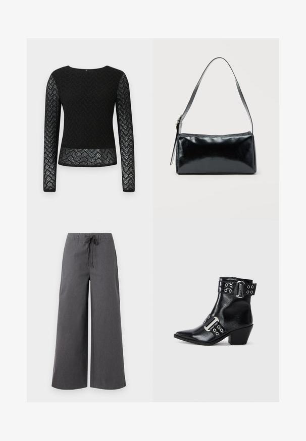 Haut noir à manches longues en dentelle avec un motif en zigzag. Présente un col rond et un design transparent sur les manches et l'ourlet.; Pantalons larges, gris foncé, fabriqués dans un tissu doux, dotés d'une taille élastique avec cordon de serrage et de détails de couture minimaux.; Bottine en cuir noir à bout pointu, avec des accents en boucle argentée et deux sangles avec œillets. Talon bas pour une meilleure stabilité.; Sac d'épaule rectangulaire noir avec une sangle réglable unique et une fermeture éclair supérieure sur un fond uni.