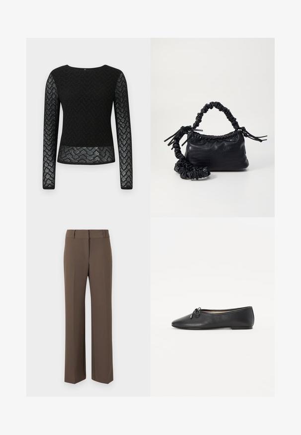 Haut noir à manches longues en dentelle avec un motif en zigzag. Présente un col rond et un design transparent sur les manches et l'ourlet.; Pantalon brun à jambes droites avec passants pour ceinture, détail de couture avant et taille haute, présenté sur un fond neutre.; Ballerine en cuir noir avec un bout rond et un détail de nœud décoratif. Le design présente une texture lisse et un talon bas et plat.; Sac à main en simili cuir noir avec une texture crocodile, un dessus resserré et une sangle froncée. A l'apparence douce et compacte.