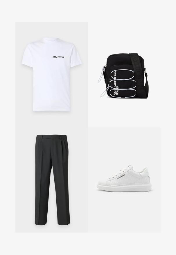 T-shirt en coton blanc à manches courtes, avec un col rond et un logo noir "KARL LAGERFELD JEANS" sur le côté gauche de la poitrine.; Pantalon noir en tissu lisse, avec une coupe droite, un devant plissé et une taille standard avec passants pour ceinture.; Baskets blanches en cuir lisse avec motif gaufré. Présentent un bout rond, un laçage à l'avant et une semelle texturée. Détail du logo argenté sur le côté.; Sac bandoulière noir avec boucles élastiques blanches, tirettes de fermeture éclair, et texte blanc "KARL LAGERFELD JEANS" sur la poche avant.