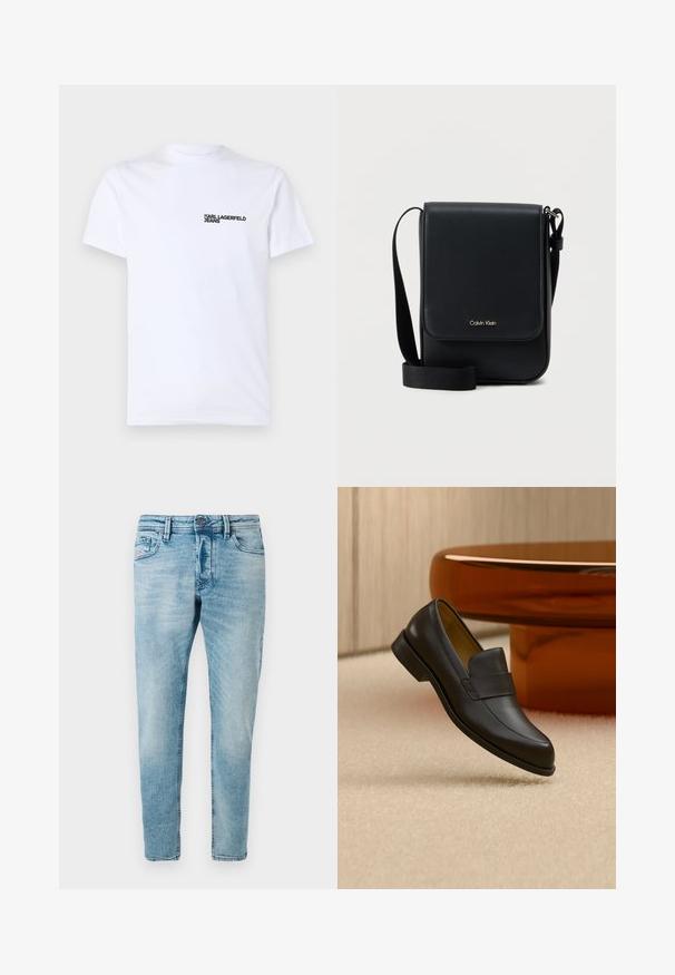 Weißes Baumwoll-T-Shirt mit kurzen Ärmeln, einem Rundhalsausschnitt und einem schwarzen "KARL LAGERFELD JEANS"-Logo auf der linken Brustseite.; Helle blaue Denim-Jeans im Slim-Fit mit Fronttaschen und Knopfverschluss. Der Stoff hat eine weiche, strukturierte Oberfläche.; Schwarzer Leder-Loafer mit niedrigem Absatz, der über einem beigen Teppichboden nahe einem runden braunen Tisch schwebt.; Schwarze Calvin Klein Umhängetasche mit Klappe, verstellbarem Riemen und kleinem goldfarbenem Logo auf der Vorderseite, vor einem schlichten weißen Hintergrund.