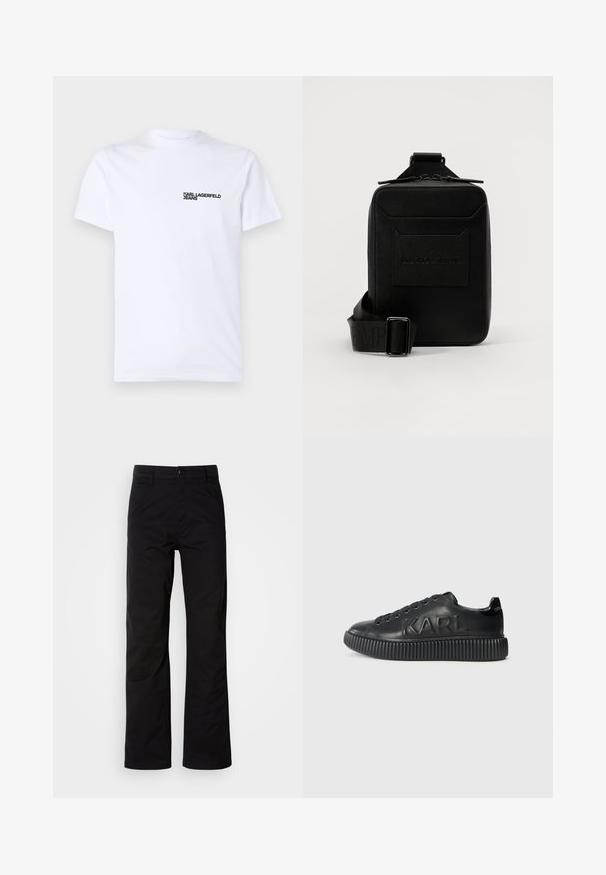 Hvid bomulds t-shirt med korte ærmer, en rund halsudskæring og et sort "KARL LAGERFELD JEANS" logo på venstre brystområde.; Sort bomuldsbukser med lige ben, der har knaplukning og bæltestropper. Glat tekstur og minimalistisk stil uden synlige mønstre.; Sorte sneakers lavet af glat læder, med en tyk ribbet sål og prægede brandnavn. Klassisk snørelukning med runde øjer.; Sorte læder crossover-taske med struktureret overflade, lynlåslukning, frontlomme med præget logo, justerbar rem med mærkenavn.