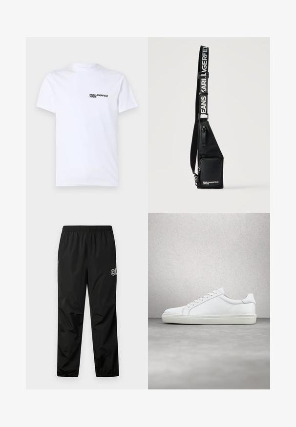 Hvid bomulds t-shirt med korte ærmer, en rund halsudskæring og et sort "KARL LAGERFELD JEANS" logo på venstre brystområde.; Sorte regnbukser lavet af letvægts, vandtæt materiale. Har en elastisk talje og logo-detalje på siden. Glat tekstur.; Hvide sneakers med en glat læderoverdel og lav profil. Har en rund tå, seks snørehuller og en tekstureret gummisål.; Sort crossbody taske med lynlåslomme foran og justerbar rem med teksten "KARL LAGERFELD JEANS" i hvide bogstaver.