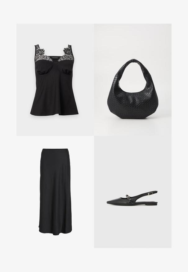 Haut noir sans manches avec des détails en dentelle sur les épaules et le haut de la poitrine, avec un léger plissage sous la poitrine et une coupe ajustée.; Jupe longue noire en tissu lisse et léger. Présente une silhouette simple en ligne A avec un ourlet légèrement évasé et sans fermetures visibles.; Chaussures slingback en cuir noir avec un bout pointu, comprenant une lanière étroite et un accent de boucle argentée sur le côté. Semelle plate.; Sac à main tissé noir avec une poignée courbée, présentant une surface texturée et une forme décontractée. Fini lisse avec une silhouette organique.