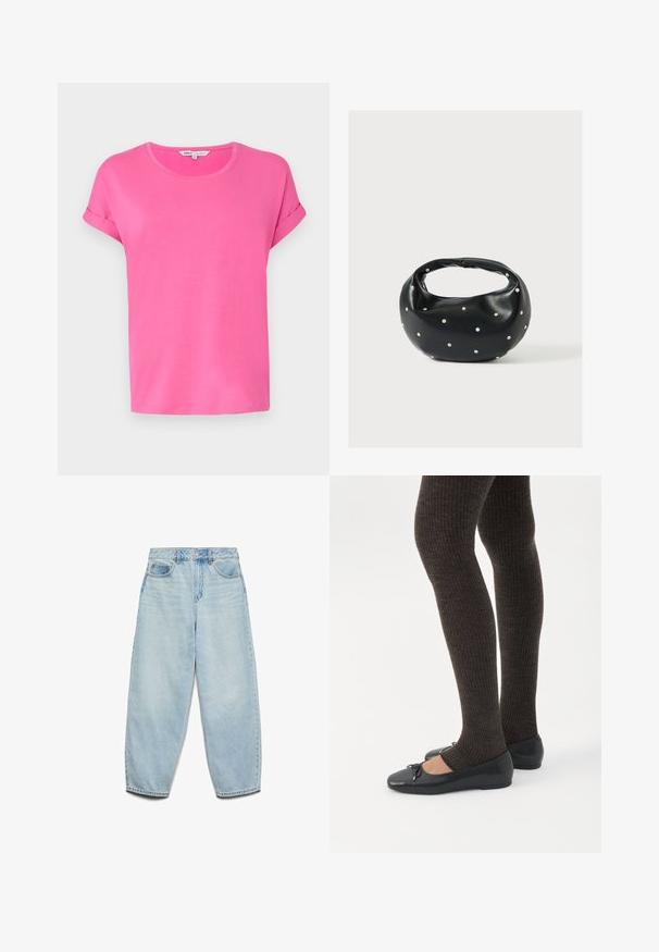 Camiseta de manga corta rosa con escote redondo, fabricada en tejido suave, que presenta mangas enrolladas y un corte relajado.; Vaqueros de mezclilla azul claro con un corte relajado, cintura alta y piernas anchas, con una textura ligeramente desgastada y un clásico diseño de cinco bolsillos.; Piernas con leggings oscuros acanalados combinados con bailarinas negras que presentan pequeños detalles de lazo sobre un fondo blanco.; Bolso de mano de cuero negro con forma redondeada, decorado con detalles de tachuelas plateadas y un asa corta. Textura lisa y cierre con cremallera.