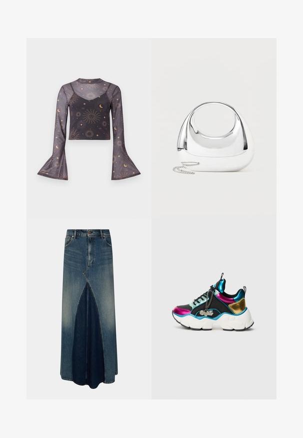 Gennemsigtig sort langærmet cropped top med prikkede flæser, himmelsk sol-, måne- og stjernemønster, der har et indre camisetlag.; Blå denim maxi nederdel med frontinverteret plissé, bæltesløjfer, knap- og lynlåslukning samt lysvasket detaljer.; Tyk sneaker med sort stof, metalisk pink, blå og guld paneler, hvid sål, sorte snørebånd og en sølvkæde med "Buffalo" mærkat.; Skinnende sølvfarvet metallisk håndtaske med rund form, ovalt udskåret håndtag og en sølvkæde som rem på en ensfarvet lys baggrund.