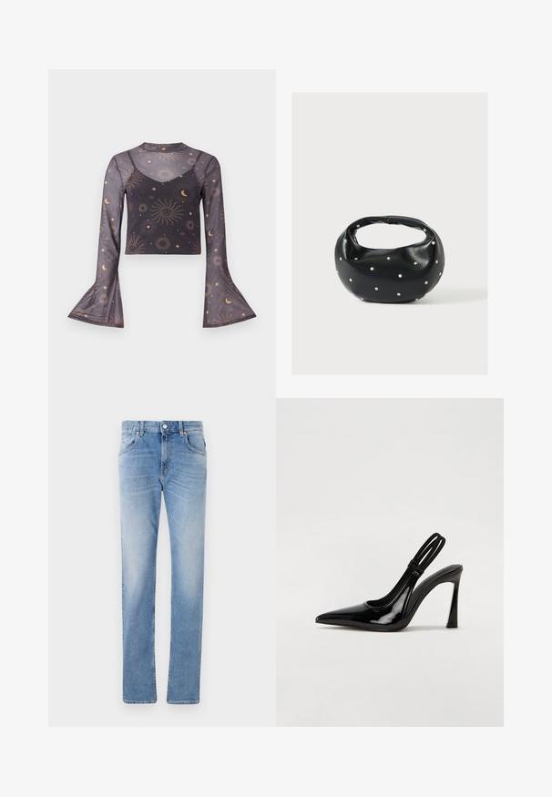 Doorschijnende zwarte cropped top met lange mouwen en uitlopende manchetten, versierd met een patroon van zonn, maan en sterren, met een binnenste camisolelaag.; Lichtblauwe spijkerbroek met een rechte pasvorm, voorzien van vijf zakken, een knoopsluiting aan de voorkant en een lichte vervaging door de stof.; Zwarte gepatineerde leren slingback pump met puntige neus, slanke hoge hak en dubbele elastische band voor een veilige pasvorm. Gladde, glanzende oppervlakte.; Zwarte leren handtas met een afgeronde vorm, versierd met zilveren studs, en een korte handgreep. Gladde textuur en ritsluiting.
