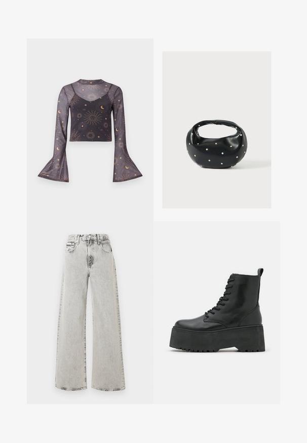 Transparenter schwarzer Langarm-Crop-Top mit ausgestellten Manschetten, Muster von himmlischer Sonne, Mond und Sternen, mit einer inneren Camisole-Schicht.; Jeans mit weitem Bein aus hellgrauem Denim, mit verwaschenem Look, vorderen Taschen und Knopfverschluss. Das Design ist locker und großzügig geschnitten.; Schwarze Knöchelstiefel mit einer dicken Plattformsohle, aus glattem Leder gefertigt, mit Schnürdesign und einer Zuglasche hinten.; Schwarze Lederhandtasche mit abgerundeter Form, verziert mit silbernen Nietenakzenten und kurzem Griff. Glatte Struktur und Reißverschlussverschluss.