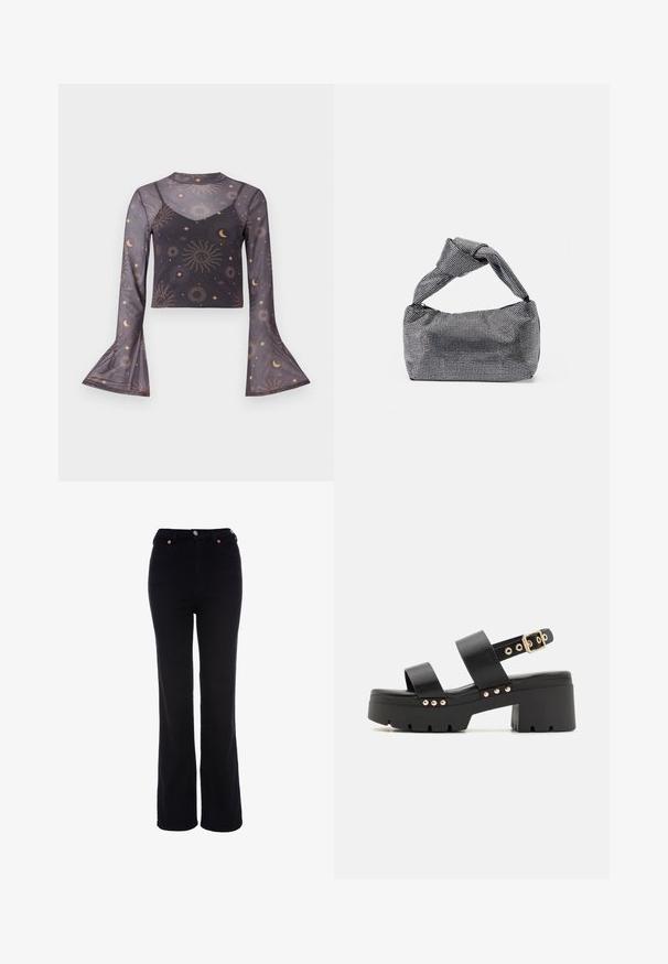 Gennemsigtig sort langærmet cropped top med prikkede flæser, himmelsk sol-, måne- og stjernemønster, der har et indre camisetlag.; Sorte bukser med højt liv og lige ben med knap- og lynlåslukning, bæltestropper og forlommer.; Call it Spring NOVALIE - Plateausandaler - black; Sorte og sølv håndtaske med en tekstureret overflade, der har et diamantmønster, en knyttet håndtag og en struktureret form.