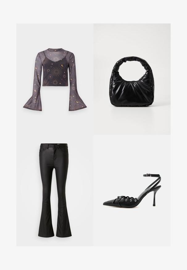Doorschijnende zwarte cropped top met lange mouwen en uitlopende manchetten, versierd met een patroon van zonn, maan en sterren, met een binnenste camisolelaag.; Zwarte flared jeans gemaakt van een glanzende, soepele stof. Heeft een hoge taille, voorzakken en een rits met een knoopsluiting.; Zwarte pumps met hoge hak en spitse neus, gegolfde randen, metalen oogjes, vetergespsluiting aan de voorzijde en enkelriem met gespsluiting.; Zwarte gevoerde handtas met een ronde handgreep, met een gladde, glanzende oppervlakte en een zachte, gewatteerde textuur. Geen zichtbare metalen onderdelen of accenten.