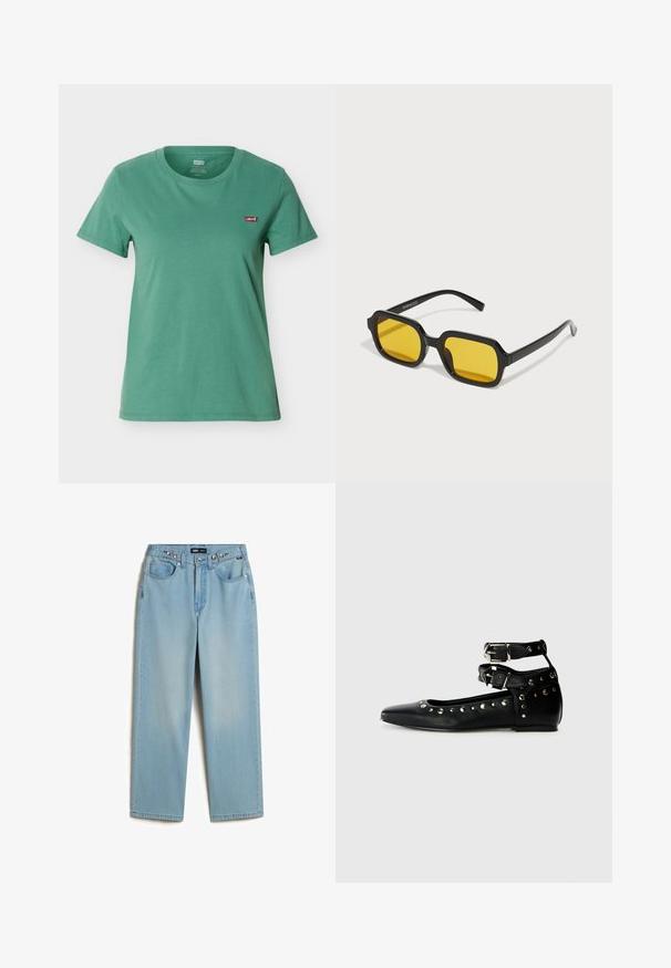 Grøn T-shirt med korte ærmer og rund halsudskæring samt et lille rødt Levi’s-logo på venstre bryst.; Vans CINCHED CHECK - Baggy jeans - light stonewash; Replay SABINE DOUBLE - Ballerinasko - black; Sorte rektangulære solbriller med gule linser. Funktioner inkluderer tykke stel og kantet design med en glat, blank finish.