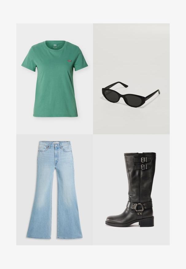 Grünes T-Shirt mit kurzen Ärmeln und Rundhalsausschnitt, mit kleinem rotem Levi’s-Logo-Patch auf der linken Brust.; Helle blaue Schlagjeans mit hoher Taille, aus Denim gefertigt. Sie verfügen über ein klassisches Fünf-Taschen-Design und einen rohen Saum an den Säumen.; Schwarze Lederstiefel bis zur Mitte der Wade mit zwei silbernen Schnallen oben und einem dekorativen Riemen mit einem Metallring um den Knöchel, Blockabsatz.; Schwarze Sonnenbrille in schmaler Katzenaugenform. Aus glattem Kunststoff gefertigt, mit dunklen Gläsern und dezenten Logo-Akzenten an den Bügeln.