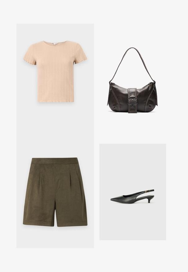Camiseta de manga corta de color beige con bordes festoneados, que presenta un patrón texturizado y un cuello redondo. Fabricada con una tela suave y elástica.; Pantalones cortos de un verde oliva oscuro hechos de un material suave, similar al ante, con un diseño plisado, corte a media longitud y una cinturilla limpia y estructurada.; Zapato de tacón slingback negro de punta afilada, hecho de cuero suave. Presenta un tacón delgado y un detalle de hebilla en la correa ajustable.; Bolso de hombro de cuero marrón con forma curva, que presenta un prominente detalle de hebilla, costuras en contraste y una sola correa para el hombro.