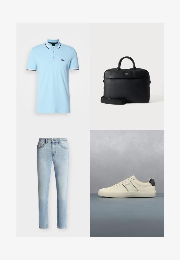 Polo shirt bleu clair à manches courtes avec col et poignets rayés blancs et noirs, trois boutons, et logo "BOSS" sur la poitrine gauche.; Jean slim bleu clair en denim avec bouton et fermeture éclair à l'avant, design cinq poches et décoloration subtile de la cuisse au genou.; Baskets de couleur crème avec une texture lisse, dotées d'accents et de marquage noirs. Design classique à lacets avec un bout rond et une semelle en caoutchouc.; Serviette en cuir noir texturé avec poignées supérieures et bandoulière amovible, montrant un petit logo avant sur fond gris neutre.