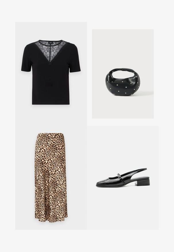 Camiseta negra de manga corta con un escote en V de encaje y ondas, textura acanalada y un diseño ajustado.; Falda larga de estampado de leopardo hecha de tejido suave. Base marrón clara con manchas negras y marrones. Diseño acampanado con dobladillo recto.; Zapato slingback de charol negro con tacón bajo y grueso y una fina correa con hebilla de plata en la parte superior.; Bolso de mano de cuero negro con forma redondeada, decorado con detalles de tachuelas plateadas y un asa corta. Textura lisa y cierre con cremallera.