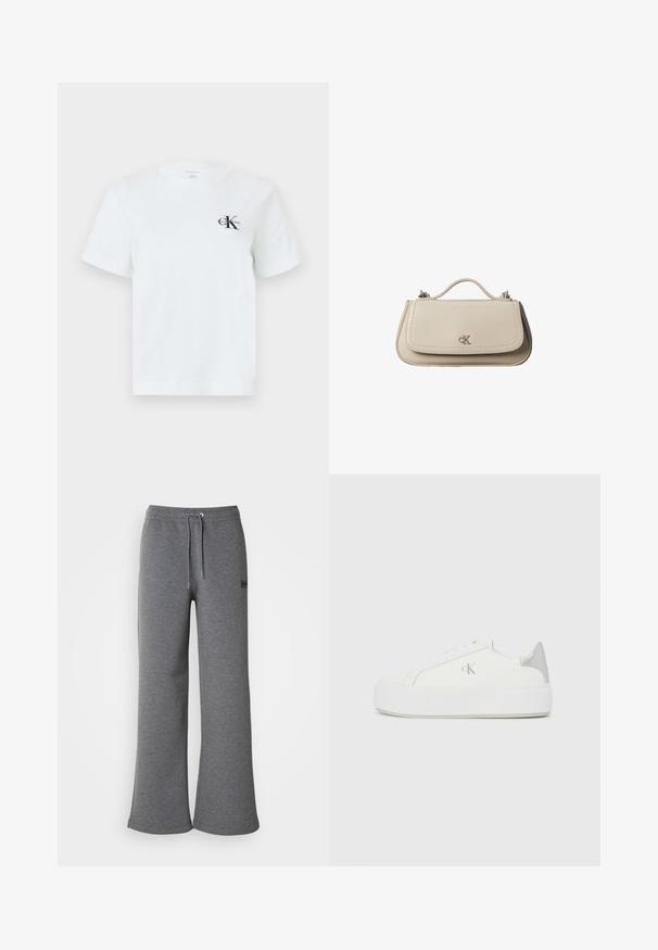 Weißes T-Shirt mit kurzen Ärmeln, kleinem schwarzem Calvin Klein "cK" Logo auf der linken Brust, Rundhalsausschnitt, schlichtes minimalistisches Design.; Graue Jogginghose aus weichem Stoff mit einem Kordelzugbund, weitem Bein und dezentem Logo-Detail an der Seite.; Weiße Leinensneaker mit einer dicken weißen Sohle, die ein metallisch silbernes Detail an der Ferse und ein dezentes Logo auf der Seite aufweisen.; Kleine beigefarbene Lederhandtasche mit oberem Griff und silbernem CK-Logo auf der Frontklappe, vor weißem Hintergrund dargestellt.