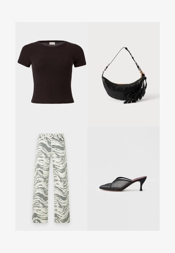 Haut court en maille côtelée noire à manches courtes avec encolure ronde sur fond clair uni.; Jean taille haute à jambes larges avec imprimé zèbre abstrait noir et blanc et design à cinq poches.; Mule en mesh noir avec un bout pointu, de fines lanières et un talon stiletto de 3 pouces. Présente une texture transparente et une semelle tonale solide.; Sac d'épaule en cuir noir en forme de croissant avec bandoulière réglable, fermeture éclair dorée et pompons en cuir décoratifs en forme de feuille sur un côté.