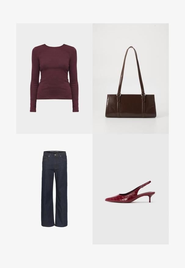 Fitted top met lange mouwen en ronde hals in effen donker bordeauxrode stof, getoond tegen een effen lichte achtergrond.; Donkerdenim wijde pijpen jeans met een hoge taille, voorzien van vijf zakken, contrasterende stiksels en een ruwe zoom aan de onderkant.; Bordeaux lederen slingback pump met krokodillenstructuur, puntige neus, verstelbare gesp en lage kittenhak op een witte achtergrond.; Bruine lakleren handtas met een rechthoekige vorm, twee lange handvatten en subtiele gebogen accenten aan de voorkant.