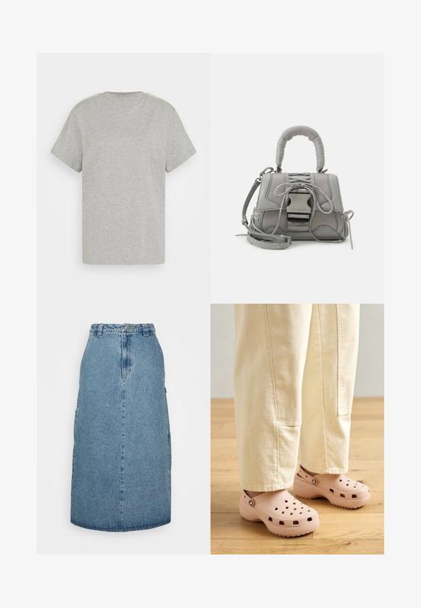 adidas Originals SNAKETEE - T-Shirt print - medium grey heather; Obey Clothing JUNIPER MIDI SKIRT - A-Linien-Rock - stonewash indigo; Helle rosa Clogs aus Gummi, mit Belüftungslöchern, einer konturierten Form und einer strukturierten Sohle für Halt. Getragen mit hellbeigen Hosen.; Grau strukturierte Handtasche mit gepolstertem Griff, Netzelementen, verstellbarem Schulterriemen und einem vorderen Verschluss. Kompaktes Design mit abgerundeter Form.