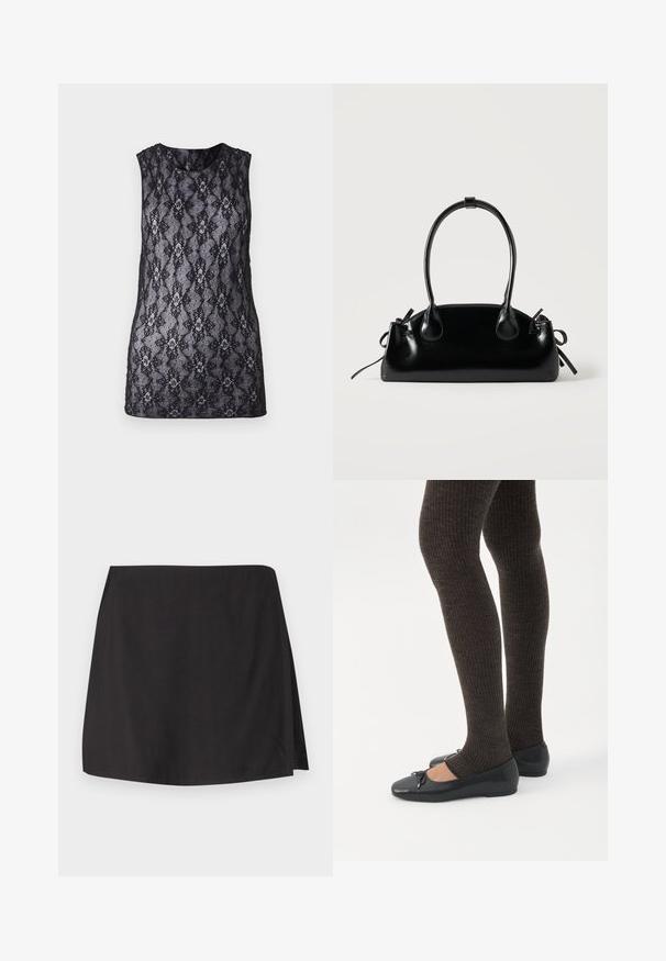 Débardeur en dentelle noire avec un motif floral et géométrique, sans manches, col rond et texture semi-transparente.; Jupe noire en tissu lisse, dotée d'une coupe droite et d'une fente sur un côté. Design simple sans motifs ni embellissements.; Jambes portant des leggings côtelés foncés associés à des ballerines noires avec de petits détails en nœud sur fond blanc.; Petit sac à main noir brillant avec deux longues anses et des détails à cordon sur les côtés sur un fond clair uni.