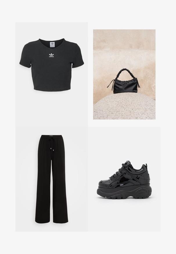 Camiseta negra corta hecha de algodón, con un escote redondo y mangas cortas. En el centro tiene bordado blanco del logo de Adidas.; Pantalones de chándal anchos y negros, hechos de tela suave, con una cinturilla elástica que incluye un cordón y extremos de metal.; Zapatillas negras de plataforma con un acabado brillante de charol, que cuentan con suelas de goma gruesas, diseño de cordones y un detalle de logotipo en el lateral.; Bolso negro fruncido con asa recogida, apoyado sobre una esfera de piedra texturizada frente a una pared de hormigón beige.