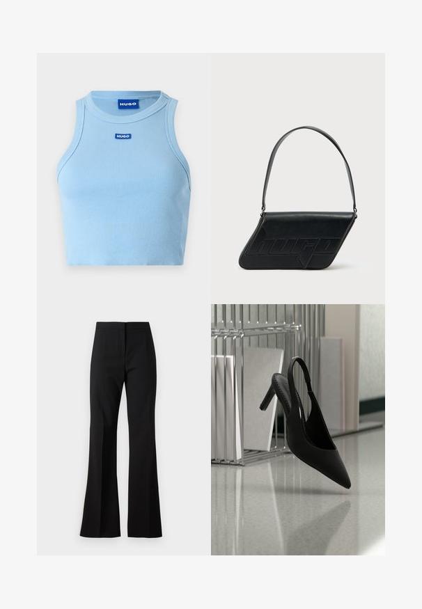 Camiseta sin mangas de canalé azul claro con cuello redondo. Presenta un pequeño logotipo azul "HUGO" en el frontal. La tela parece suave y ajustada.; Pantalones de campana negros hechos de una tela suave, con cintura alta, pliegues delanteros y un acabado limpio en los bajos.; Zapato de tacón alto negro con punta afilada y tira en el talón, suspendido en el aire sobre un suelo brillante con carpetas apiladas en el fondo.; Bolso de hombro de cuero negro con forma triangular, logo en relieve y una sola correa ajustable. Diseño minimalista con textura suave.