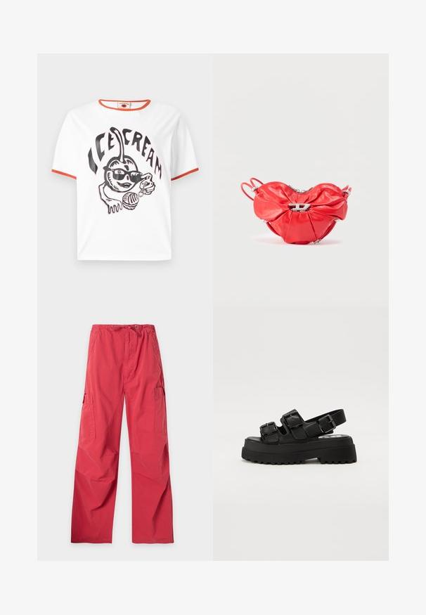 Weißes T-Shirt mit orangefarbenem Rand, darauf eine Cartoon-Kirsche mit Sonnenbrille, die eine Eiskugel hält, und dem Schriftzug "ICE CREAM" oben drüber.; Rote locker sitzende Cargohosen mit Kordelzugbund und Seitentaschen, auf weißem Hintergrund dargestellt.; Schwarze Plateausandalen mit drei verstellbaren Schnallenriemen, einer strukturierten Sohle und einem glatten Obermaterial. Entworfen mit einer robusten, klobigen Silhouette.; Rote Lederhandtasche in Herzform mit gerafftem Design, silbernem Reißverschluss und einem auffälligen metallischen Logo-Akzent auf der Vorderseite.