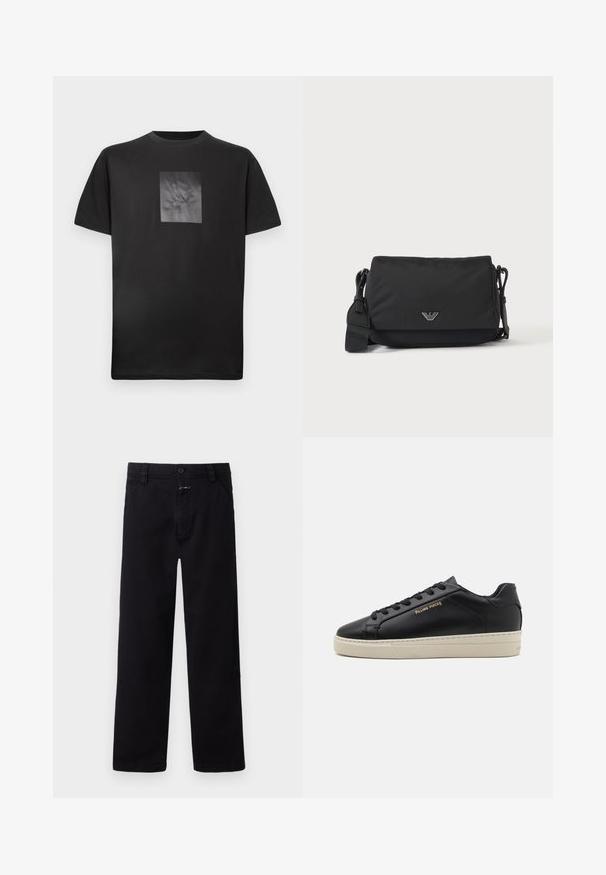 Schwarzes Baumwoll-T-Shirt mit einer quadratischen, strukturierten Grafik auf der Vorderseite, die ein stilisiertes Logo zeigt. Kurzärmlig und mit rundem Ausschnitt.; Schwarze Baumwollhosen mit geradem Bein, ausgestattet mit einem Frontverschluss aus Knopf und Reißverschluss sowie seitlichen Taschen. Einfacher und vielseitiger Stil.; Schwarze Leder-Sneaker mit glatter Oberfläche, kontrastierender cremefarbener Sohle, abgerundeter Spitze, goldfarbenem Logo an der Seite und sechs Ösen für die Schnürsenkel.; Schwarze Umhängetasche mit verstellbarem Riemen und kleinem silbernem Logoemblem auf der Vorderklappe, dargestellt auf einfachem hellem Hintergrund.