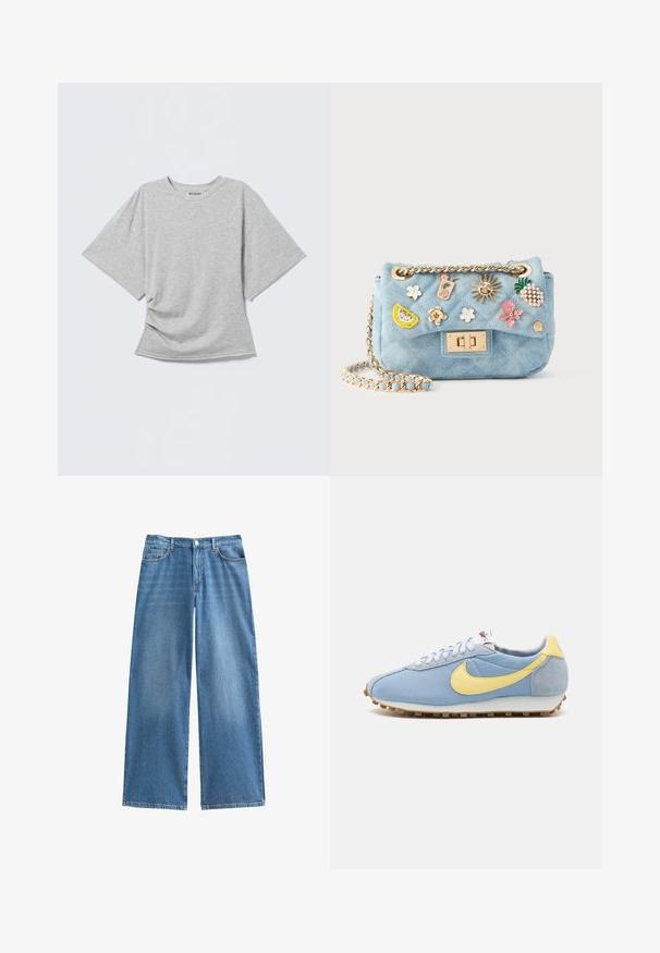 Lysegrå kortærmet T-shirt med rund halsudskæring og diskret rynkning i siderne, vist fladt mod en lys baggrund.; Bla brede denimjeans med frontknap og lynlås, bæltestropper og fem lommer.; Blå mesh- og ruskinds-sneakers med gul Nike swoosh, hvide snørebånd og lysebrun sål; klassisk atletisk design.; Lyseblå quiltet taske med guldkæde, prydet med flere farverige emalje- og perleudsmykninger, herunder frugt- og blomsterdesigns.