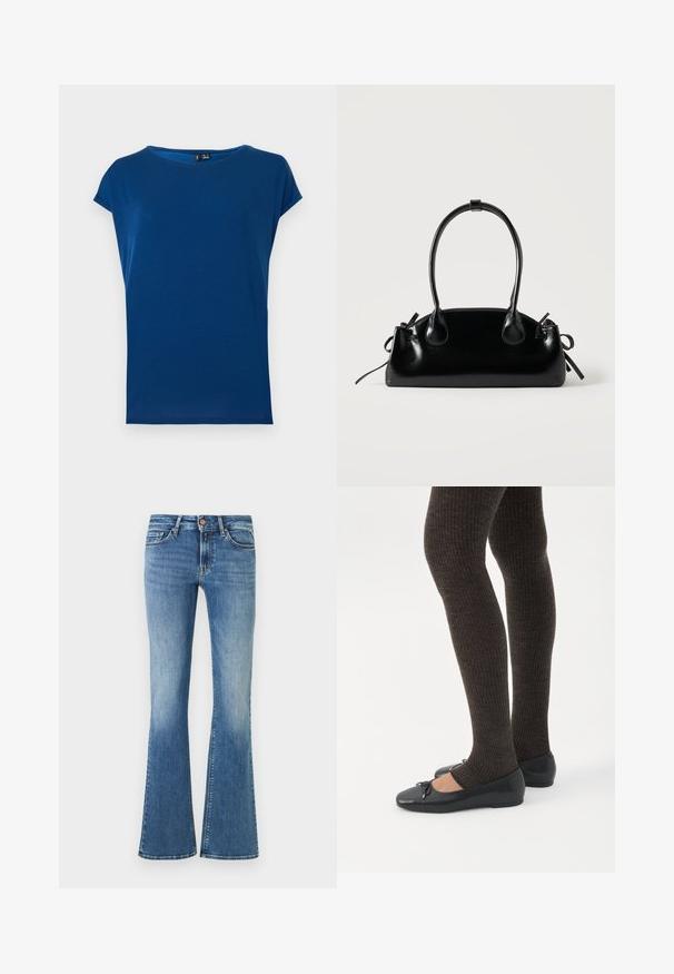 Γυναικείο μπλουζάκι σε royal blue χρώμα, με κοντά μανίκια και στρογγυλή λαιμόκοψη, με χαλαρή εφαρμογή, σε λευκό φόντο.; Μπλε τζιν παντελόνι από denim με καμπάνα στο τελείωμα, πέντε τσέπες, κούμπωμα με κουμπί και ξεβαμμένο εφέ στους μηρούς και στα γόνατα.; Πόδια με σκουρόχρωμα ριμπ κολάν συνδυασμένα με μαύρα μπαλαρίνα παπούτσια με μικρές λεπτομέρειες φιόγκων σε λευκό φόντο.; Μικρή μαύρη γυαλιστερή τσάντα με δύο μακριές λαβές και λεπτομέρειες με ρυθμιζόμενο κορδόνι στο πλάι σε απλό ανοιχτό φόντο.