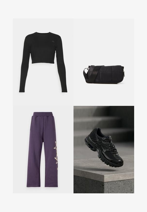 Čierny cropped top s dlhým rukávom vyrobený z rebrového materiálu, s okrúhlym výstrihom a malou značkovou nášivkou na hrudi.; Fialové tepláky s elastickým pásom, bočnými vreckami a zlatým grafickým dizajnom na ľavej nohe. Mäkký materiál s voľným strihom.; Čierna bežecká topánka Nike s sieťovinovou a syntetickou vrchnou časťou vznášajúca sa nad betónovým povrchom a schodíkmi v pozadí.; Čierna prešívaná taška cylindrického tvaru, vyrobená z mäkkého materiálu. Obsahuje čierny popruh a strieborné kovanie. S uzatváraním na zips.