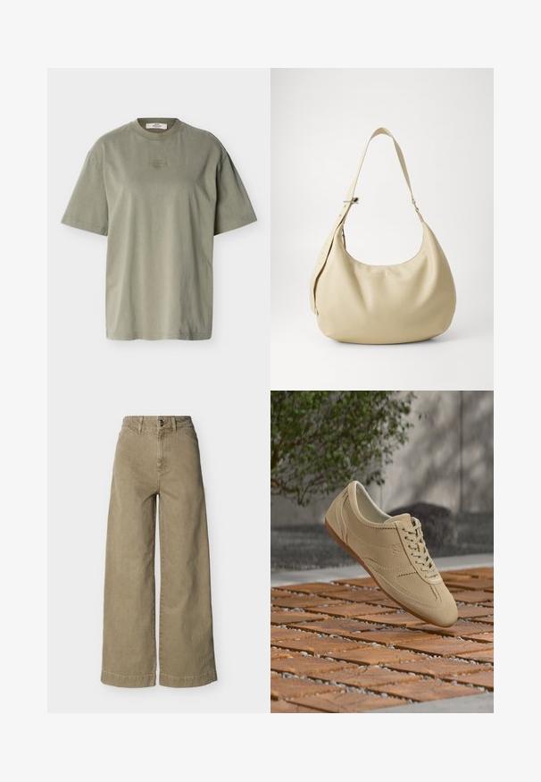 T-shirt oversize manches courtes en vert olive avec col rond et petit logo de marque brodé centré sur la poitrine.; Pantalon large taille haute vert olive avec fermeture à bouton et zip à l'avant, passants pour ceinture, et poches latérales.; Baskets en daim beige à lacets flottant au-dessus d'un sol en carrelage en bois, avec de la verdure et un mur gris en arrière-plan.; Sac à épaule en cuir beige avec une forme courbée, une bandoulière réglable et un détail de logo embossé, présentant une texture lisse et un design minimaliste.