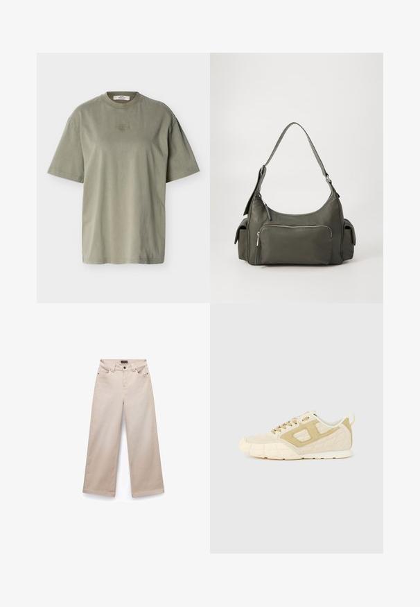Camiseta extragrande de manga corta color verde oliva con cuello redondo y pequeño logo de la marca bordado en el centro del pecho.; Pantalones de pierna ancha beige, hechos de algodón con una textura suave. Cuenta con cinco bolsillos, pasadores para cinturón y herrajes en tono plateado en la parte frontal.; Zapatilla con parte superior de ante beige y malla, con suela blanca gruesa, puntera redonda y sistema de cordones. Incluye detalles recortados en los costados.; Bolso de hombro de cuero verde con un diseño curvado, bolsillo con cremallera en la parte frontal y bolsillos adicionales en los laterales. Textura suave y hardware minimalista.