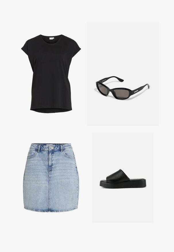 Sort kortærmet afslappet t-shirt med opkrøjede ærmer og rund halsudskæring fra mærket VILA.; Lyseblå denim mini nederdel med frontknap og lynlås, bæltestropper og frontlommer.; Sort slip-on platform sandal med bredt læderoverdel og tyk sål, vist i sideprofil mod en ensartet grå baggrund.; Sorte solbriller med rektangulært stel, mørke linser, glat plastmateriale og en metalaccent på templet.