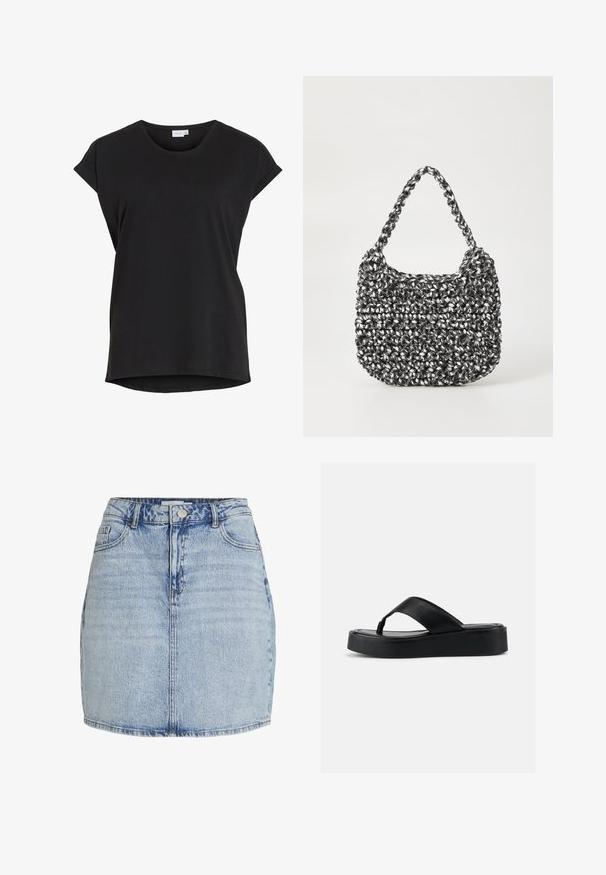 Sort kortærmet afslappet t-shirt med opkrøjede ærmer og rund halsudskæring fra mærket VILA.; Lyseblå denim mini nederdel med frontknap og lynlås, bæltestropper og frontlommer.; Sort platform flip-flop sandal med bred læderrem og polstret sål, vist i sideprofil på en ensfarvet lys baggrund.; Vævet håndtaske i sort og hvid med en rund form, tekstureret overflade og et fletet håndtag. Velegnet til afslappet brug.