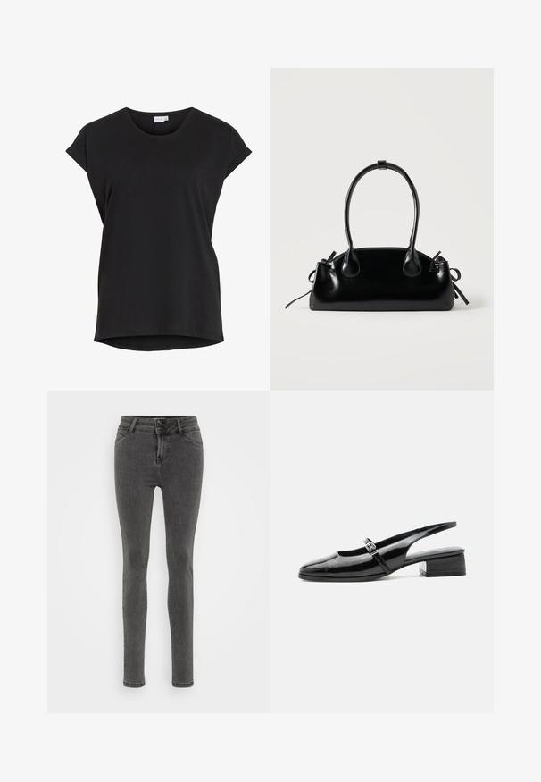Zwarte korte mouwen casual T-shirt met opgerolde manchetten en een ronde halslijn van het merk VILA.; Slanke grijze jeans van denim, met een hoge taille, een sluiting met twee knopen en minimale stiksels voor een strakke uitstraling.; Zwarte lakleren slingback schoen met een lage blokhak en een dunne band met zilveren gesp bovenop.; Kleine zwarte glanzende handtas met twee lange hengsels en zijkant trekkoord details op een effen lichte achtergrond.