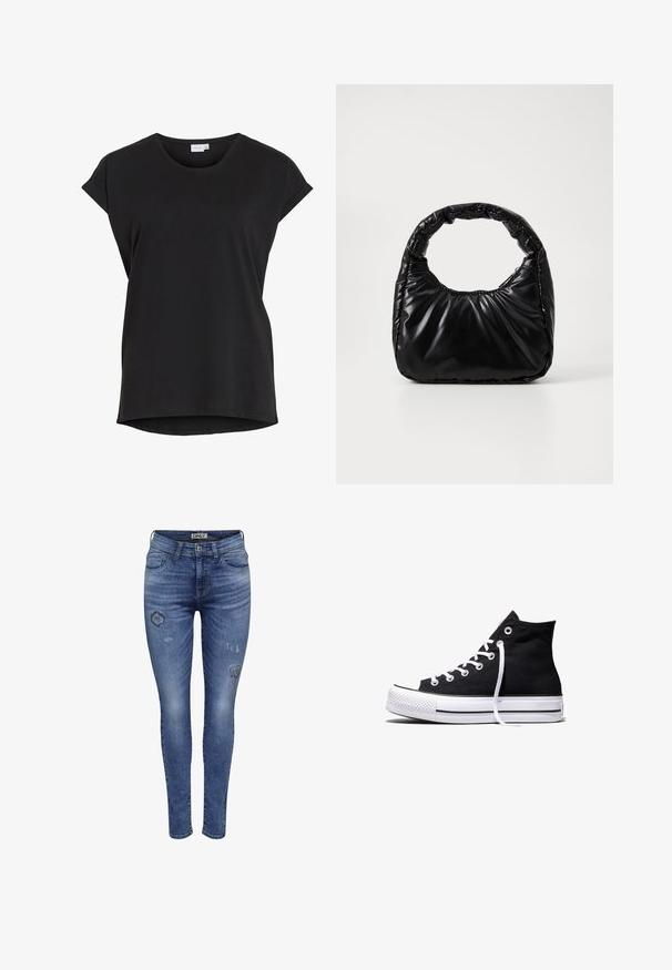 Μαύρο casual T-shirt με κοντά μανίκια, γυριστά μανίκια και στρογγυλή λαιμόκοψη από το brand VILA.; Λεπτά τζιν από μπλε τζιν ύφασμα με φθαρμένα σημεία και κατεστραμμένες λεπτομέρειες, διαθέτοντας τυπικό σχεδιασμό πέντε τσεπών και κουμπωτό φερμουάρ.; Μαύρο καμβαδένιο αθλητικό παπούτσι ψηλό στον αστράγαλο με λευκή λαστιχένια σόλα και λευκά κορδόνια, απεικονιζόμενο από το πλάι σε λευκό φόντο.; Μαύρη μαλακή τσάντα με στρογγυλή λαβή, με γυαλιστερή επιφάνεια και μαλακή, γεμάτη υφή. Χωρίς ορατά μεταλλικά στοιχεία ή διακοσμητικά.