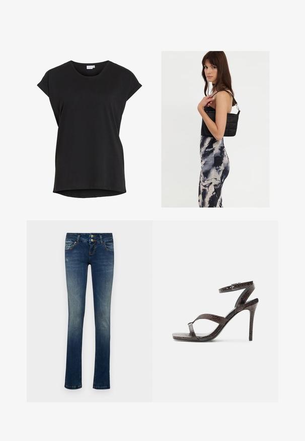 Sort kortærmet afslappet t-shirt med opkrøjede ærmer og rund halsudskæring fra mærket VILA.; Blå denim jeans med slim fit, der har en to-knaps lukning, falmet vask og let slidte detaljer på forlommerne.; Mørkebrune høje hæle sandal med tynde stropper, ankelspænde og et struktureret slangeskinds mønster på hvid baggrund.; Sort quiltet skuldertaske med en enkelt rem og sølvhardware, parret med en tætsiddende kjole med tie-dye mønster i nuancer af sort og creme.