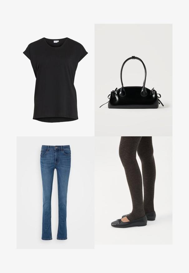 Sort kortærmet afslappet t-shirt med opkrøjede ærmer og rund halsudskæring fra mærket VILA.; Blå denim flared jeans med fem lommer, bæltestropper og en lynlås foran. Har en glat tekstur og let falmende.; Ben iført mørke ribbede leggings kombineret med sorte balletsko med små sløjfedetaljer på hvid baggrund.; Lille sort blank håndtaske med to lange håndtag og snøre-detaljer i siden på en ensfarvet lys baggrund.