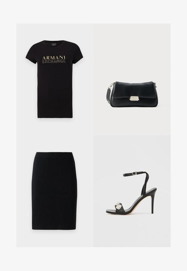 Zwarte t-shirt met korte mouwen en een ronde hals, voorzien van een gouden "ARMANI EXCHANGE" logo op de voorkant. Van katoen.; Zwarte kokerrok tot de knie met een elastische tailleband tegen een effen witte achtergrond.; Zwarte sandaal met hoge hak en enkelbandje, uitgevoerd in glad leer, met een vierkante neus en twee metalen ronde details.; Zwarte lederen schoudertas met een gebogen vorm, voorzien van een goudkleurig metalen label en een afneembare riem. Gladde textuur.