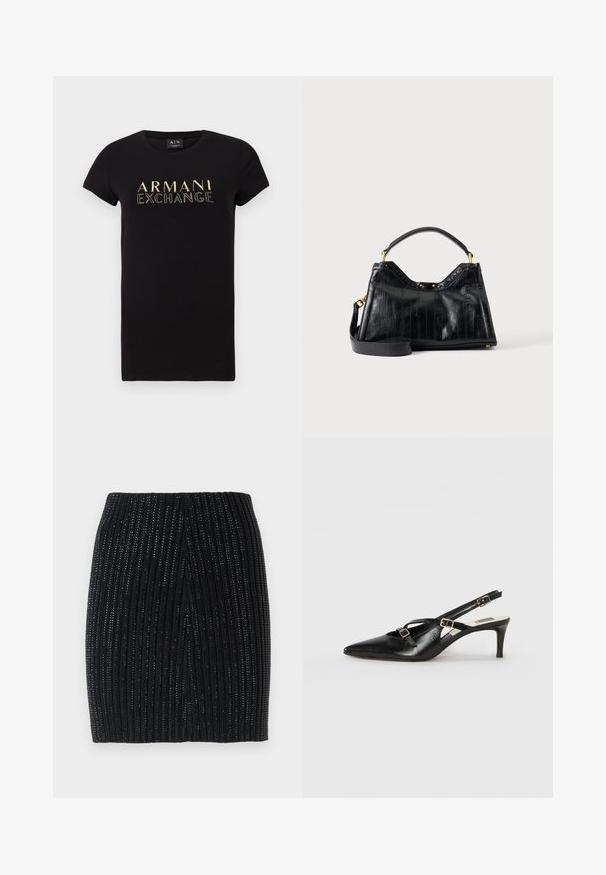 Sort kortærmet t-shirt med rund halsudskæring, der har et guld "ARMANI EXCHANGE" logo trykt på forsiden. Materialet er 100% bomuld.; Sort strikket mini skirt med lodrette ribber og subtile metallic tråde. Har et tætsiddende design og en centralt bagåbning for let bevægelse.; Sort læderslippersko med spids tå, der har tynde stropper og metalliske spænder, på en 6 cm taperet hæl. Glat tekstur.; Sort læder håndtaske med teksturerede lodrette linjer, kort håndtag, aftagelig lang rem og guldfarvede hardware-accenter på ensfarvet baggrund.