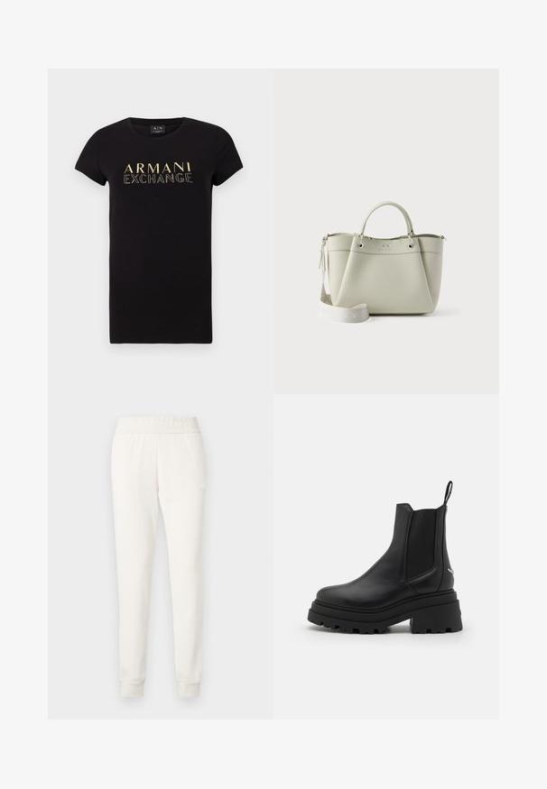 Sort kortærmet t-shirt med rund halsudskæring, der har et guld "ARMANI EXCHANGE" logo trykt på forsiden. Materialet er 100% bomuld.; Joggingbukser i cremefarvet, lavet af blødt stof med en tætsiddende talje og manchetter. Enkelt design uden synlige mønstre eller pynt.; Sorte chelsea støvler lavet af glat læder med elastiske sidepaneler, en tyk, rillede gummisål og en pull-tab bagpå.; Lille lysegrå mulepose med to håndtag og en aftagelig bred skulderrem, der har et diskret mærkelogo på forsiden.