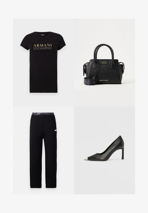 Camiseta negra de manga corta con escote redondo, con un logo dorado "ARMANI EXCHANGE" impreso en la parte frontal. Material de algodón.; Pantalones de chándal negros con una textura suave y elegante, que presentan una cinturilla elástica con un logotipo y un detalle lateral. Diseño de pierna recta.; Zapato de tacón alto de cuero negro con punta en forma de pico y una tapa metálica plateada. Presenta un acabado suave y un tacón delgado de 10 cm.; Bolso negro Armani Exchange con asas dobles, logotipo de la marca dorado en el frente y una correa de hombro ancha, negra y ajustable con texto Armani.