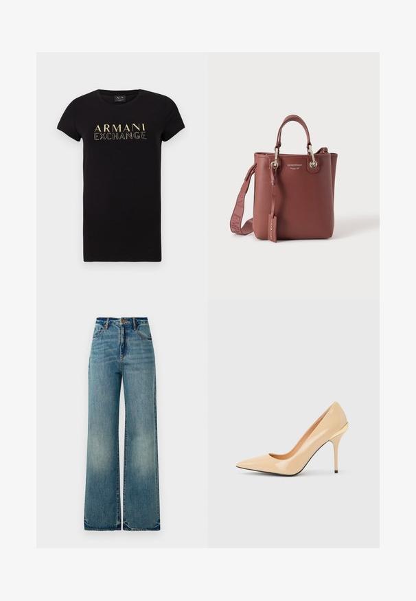 Čierne tričko s krátkym rukávom a okrúhlym výstrihom s potlačou zlatého loga "ARMANI EXCHANGE" na prednej strane. Vyrobené z bavlny.; Svetlomodré dámske džínsy širokého strihu majú vysoký pás, päť vreciek a mierne rozstrapkané konce, pričom predvádzajú textúrovaný, vyblednutý vzhľad.; Béžová lodička z lakovanej kože s vysokým podpätkom, špičatou špičkou a úzkym ihličkovým podpätkom, s malým zlatým detailom na zadnej strane.; Hnedá kožená kabelka s hornými rúčkami, odnímateľným ramenným popruhom a striebornými kovaniami, označená nápisom „Emporio Armani“.