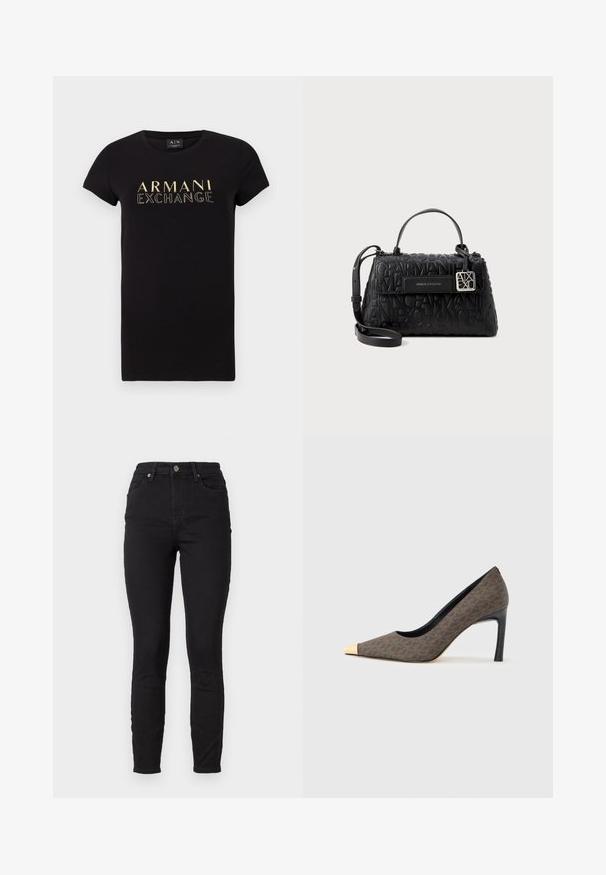 Must have lühikeste varrukatega must T-särk ümmarguse kaelusega, mille esipaneelil on kuldne "ARMANI EXCHANGE" logo. Puuvillane materjal.; Mustad teksad mustadest denimist, kõrge vöökoht, esi-taskud, nupuga sulgemine ja peen õmblusdetail õmblustes.; Terava nina ja kõrge kontsaga pruunis mustriga king, millel on metallist kuldne ninaosa ning lisakõrgust andev must stilettokonts.; Musthave mustritsusega must käekott, millel on reljeefne bränding, ülemine käepide ja eemaldatav õlarihm hõbedaste detailidega.